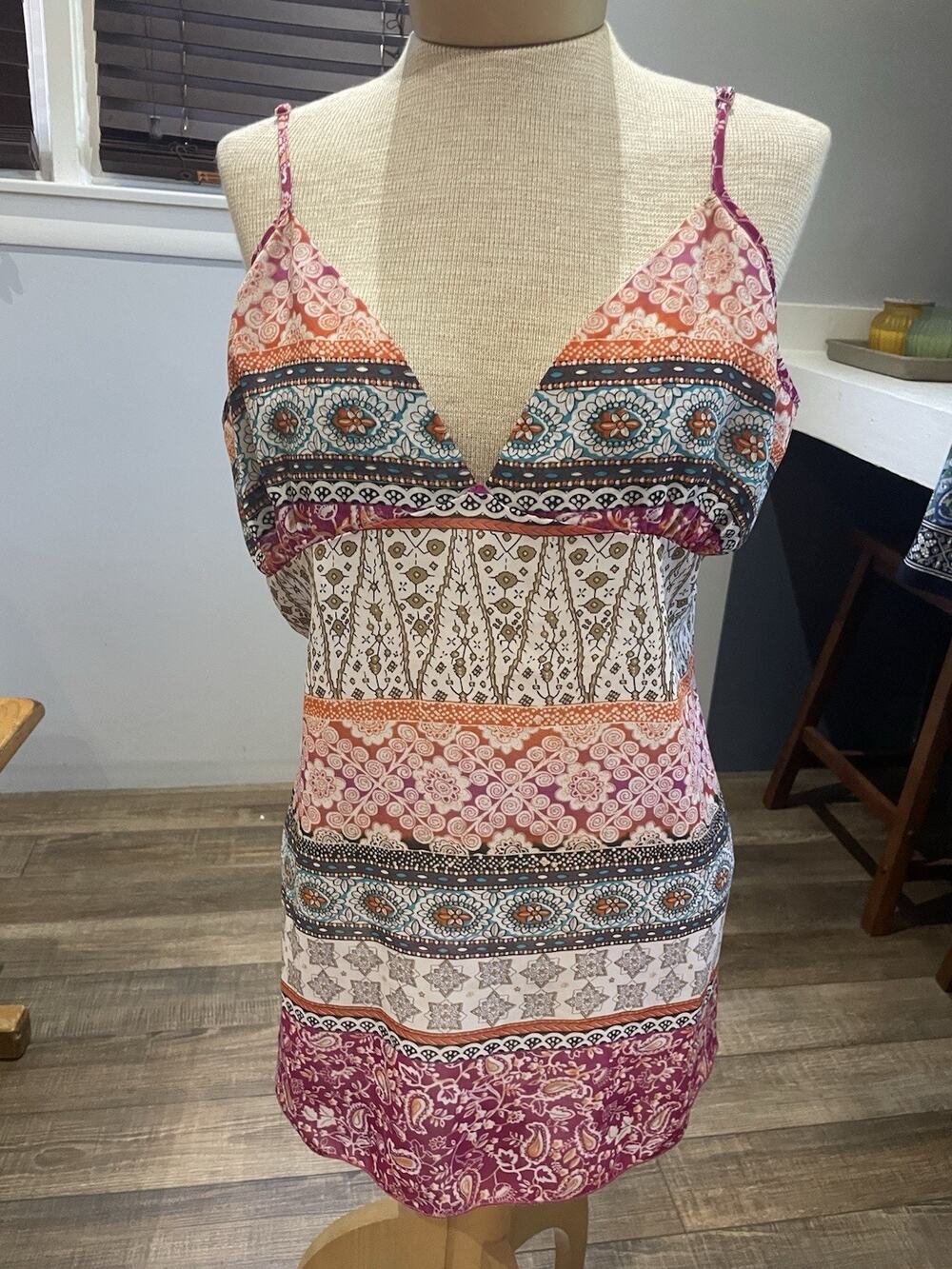 Strappy Cami Floral Sleeveless VNeck Tunic Top L Festival Boho Cottagecore Y2K